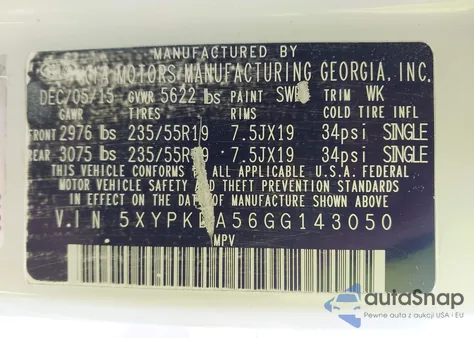 2016 Kia Sorento 3.3L Sx z USA, uszkodzony, nr VIN 5XYPKDA56GG143050